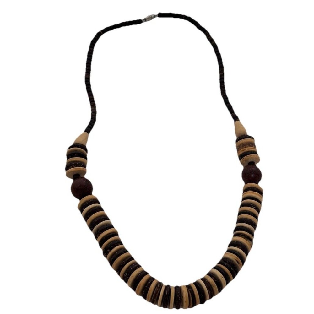 Brown Wood Disc Bead Necklace Boho Surfer Tribal Statement Beaded Unisex